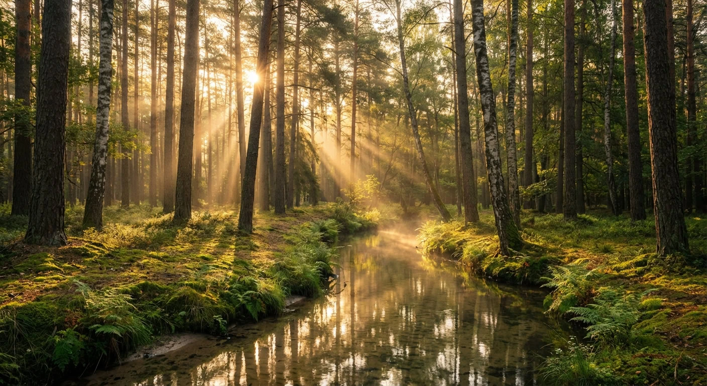 Sonnenlicht fällt durch den Freundwald auf einen Bach